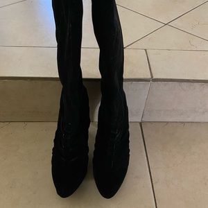 Qupid Velvet Mid Calf High Heel Boots